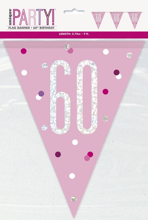 Pink/Silver Glitz Foil Prism Age 60 Flag Banner 9FT
