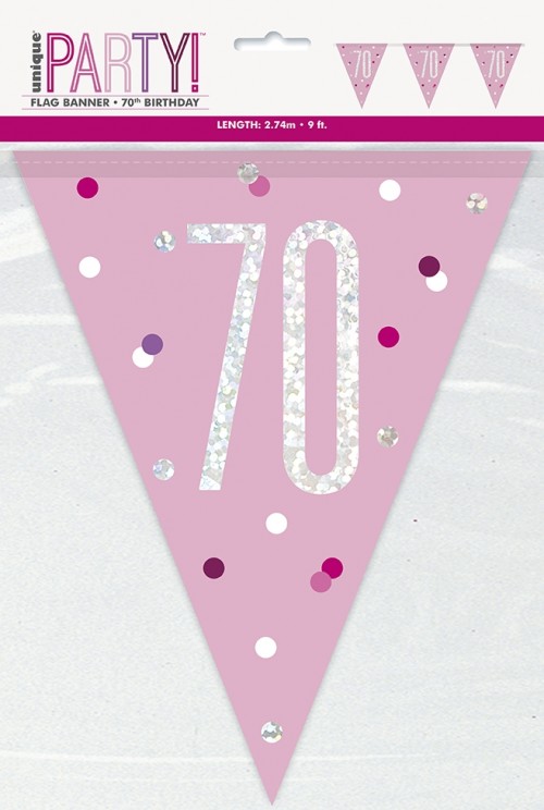Pink/Silver Glitz Foil Prism Age 70 Flag Banner 9FT