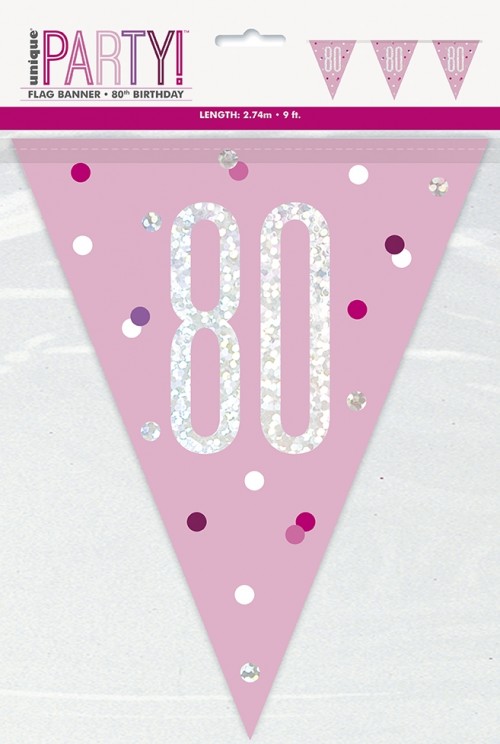 Pink/Silver Glitz Foil Prism Age 80 Flag Banner 9FT