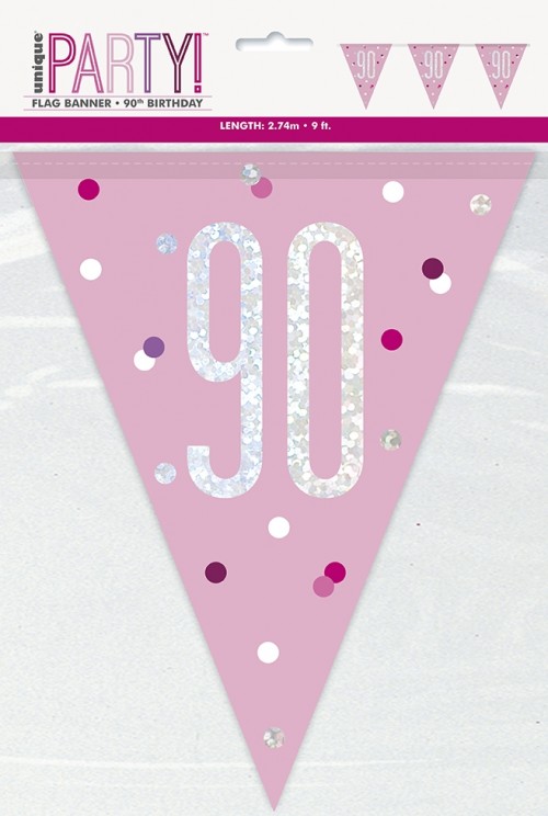Pink/Silver Glitz Foil Prism Age 90 Flag Banner 9FT