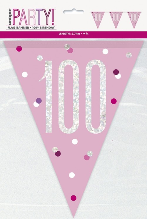 Pink/Silver Glitz Foil Prism Age 100 Flag Banner 9FT