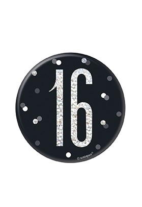Black/Silver Glitz Foil Age 16 Badge 3" 1CT
