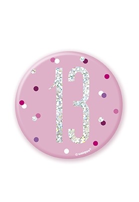Pink/Silver Glitz Foil Age 13 Badge 3" 1CT