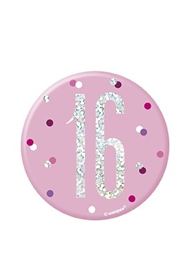 Pink/Silver Glitz Foil Age 16 Badge 3" 1CT