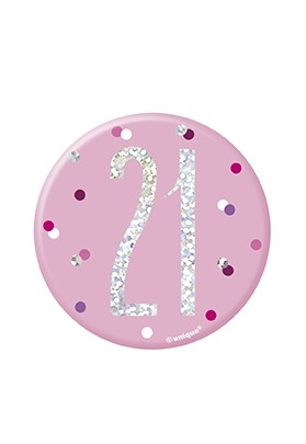 Pink/Silver Glitz Foil Age 21 Badge 3" 1CT