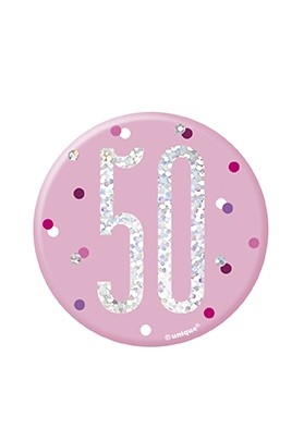 Pink/Silver Glitz Foil Age 50 Badge 3" 1CT