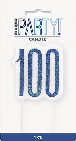 Blue/Silver Glitz Age 100 Glitter Birthday Candle