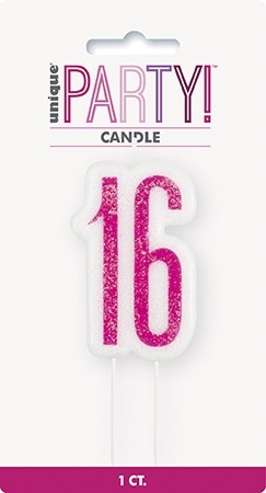 Pink/Silver Glitz Age 16 Glitter Birthday Candle