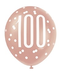 Rose Gold Glitz 12" Age 100 Latex Balloons 6ct