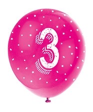 Age 3 5CT 12" Helium Fill Latex Balloon- Pearlized Assorted Colours, Printed All Around - 5ct