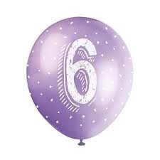 Age 6  5CT 12" Helium Fill Latex Balloon- Pearlized Assorted Colours, Printed All Around - 5ct