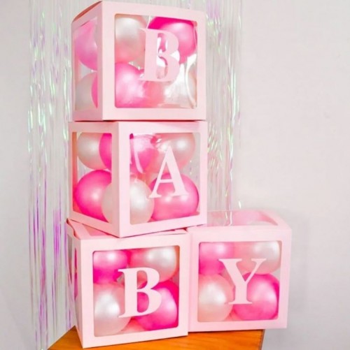 Baby Pink BABY Transparent Balloon Boxes 30x30x30cm