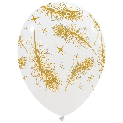 Gold Feathers on White Latex 12" Balloons 25Ct