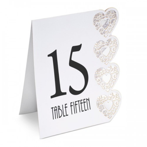 Table Numbers 1-15 Lazer Heart 125 x 155 x 40mm White - 15 per pack