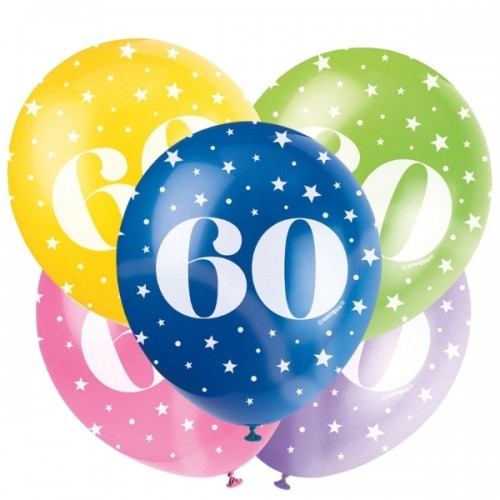 Age 60  5CT 12" Helium Fill Latex Balloon- Pearlized Assorted Colours, Printed All Around - 5ct