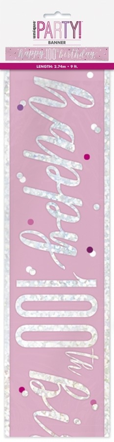 Pink/Silver Glitz Foil Happy 100th Birthday Banner 9FT