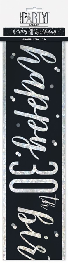 Black/Silver Glitz Happy 30th Birthday Foil Banner 9ft