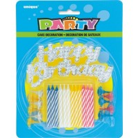 HAPPY BIRTHDAY SILVER CAKE TOPPER WITH 12 CANDLES & HOLDER