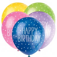 Happy Birthday  5CT 12" Helium Fill Latex Balloon- Pearlized Assorted Colours, Printed All Around - 5ct