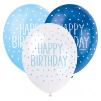 Happy Birthday Blue Assortment  5CT 12" Helium Fill Latex Balloon- Pearlized Assorted Colours, Printed All Around - 5ct