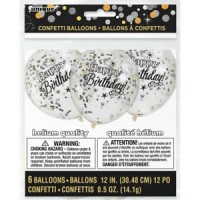 Glittering Birthday w/Black & Gold Confetti 12" Latex 6ct
