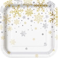 Silver & Gold Holiday Snowflakes Square 7" Plates 8ct