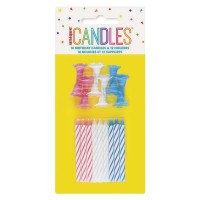 Blue, Pink and White Striped Birthday Candles and Holders  18Ct