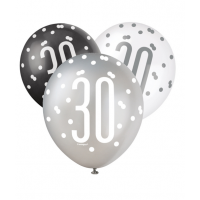 Black/Silver Glitz 12" Age 30 Latex Balloons 6ct