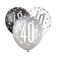 Black/Silver Glitz 12" Age 40 Latex Balloons 6ct