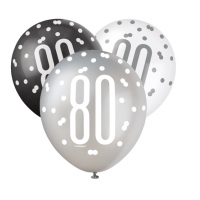 Black/Silver Glitz 12" Age 80 Latex Balloons 6ct