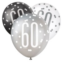 Black/Silver Glitz 12" Age 60 Latex Balloons 6ct