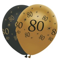 Black & Gold 12" Age 80 Latex Balloons 50ct