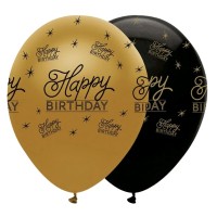 Black & Gold 12" Happy Birthday Latex Balloons 50ct