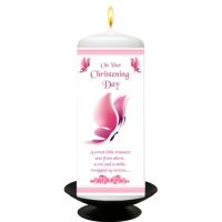Pink On your Christening Day Pillar Candle 6"