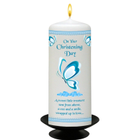 Blue On your Christening Day Pillar Candle 6"