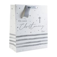 Christening Silver Stripes Large Gift Bag 6ct