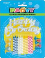 HAPPY BIRTHDAY SILVER CAKE TOPPER WITH 12 CANDLES & HOLDER