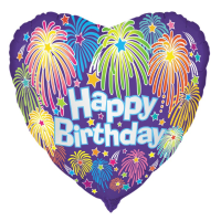 Happy Birthday Fireworks 18" Heart Shape Foil Balloon