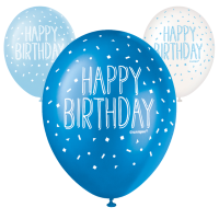 Happy Birthday Blue Assortment  5CT 12" Helium Fill Latex Balloon- Pearlized Assorted Colours, Printed All Around - 5ct