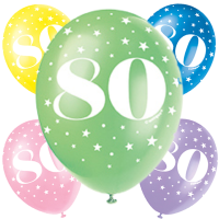 Age 80  5CT 12" Helium Fill Latex Balloon- Pearlized Assorted Colours, Printed All Around - 5ct