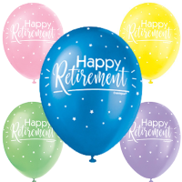 Happy Retirement  5CT 12" Helium Fill Latex Balloon- Pearlized Assorted Colours, Printed All Around - 5ct