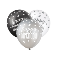 Black/Silver Glitz 12" Happy Birthday Latex Balloons 6ct