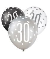 Black/Silver Glitz 12" Age 30 Latex Balloons 6ct