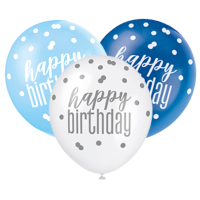 Blue/Silver Glitz 12" Happy Birthday Latex Balloons 6ct