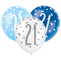 Blue/Silver Glitz 12" Age 21 Latex Balloons 6ct