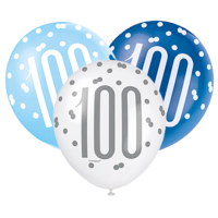 Blue/Silver Glitz 12" Age 100 Latex Balloons 6ct