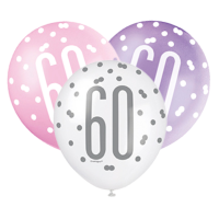 Pink/Silver Glitz 12" Age 60 Latex Balloons 6ct