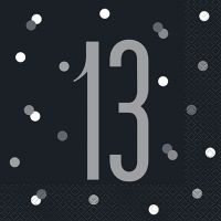 Black/Silver Glitz Age 13 Luncheon Napkins 16ct