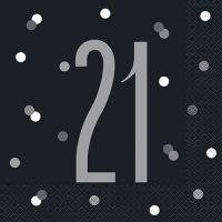 Black/Silver Glitz Age 21 Luncheon Napkins 16ct