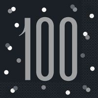 Black/Silver Glitz Age 100 Luncheon Napkins 16ct